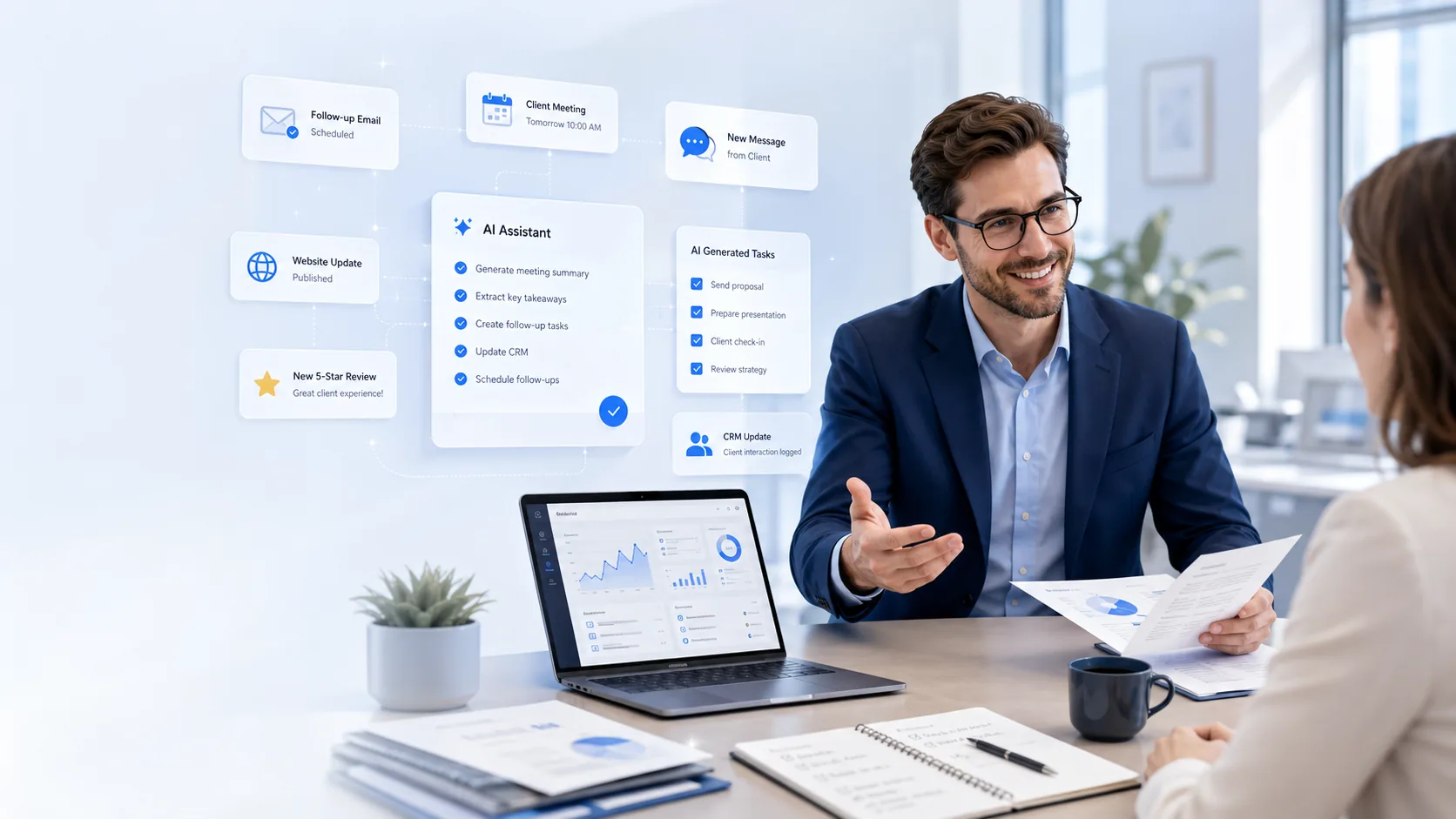 Consultant meeting with a client beside RunVoya email, task, and briefing panels