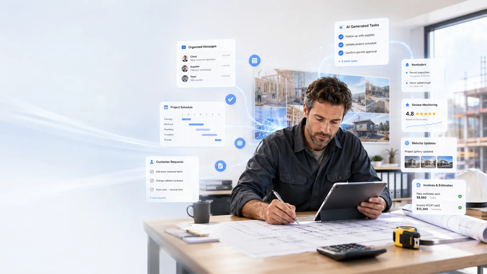 Contractor reviewing project plans with RunVoya customer and job workflow panels