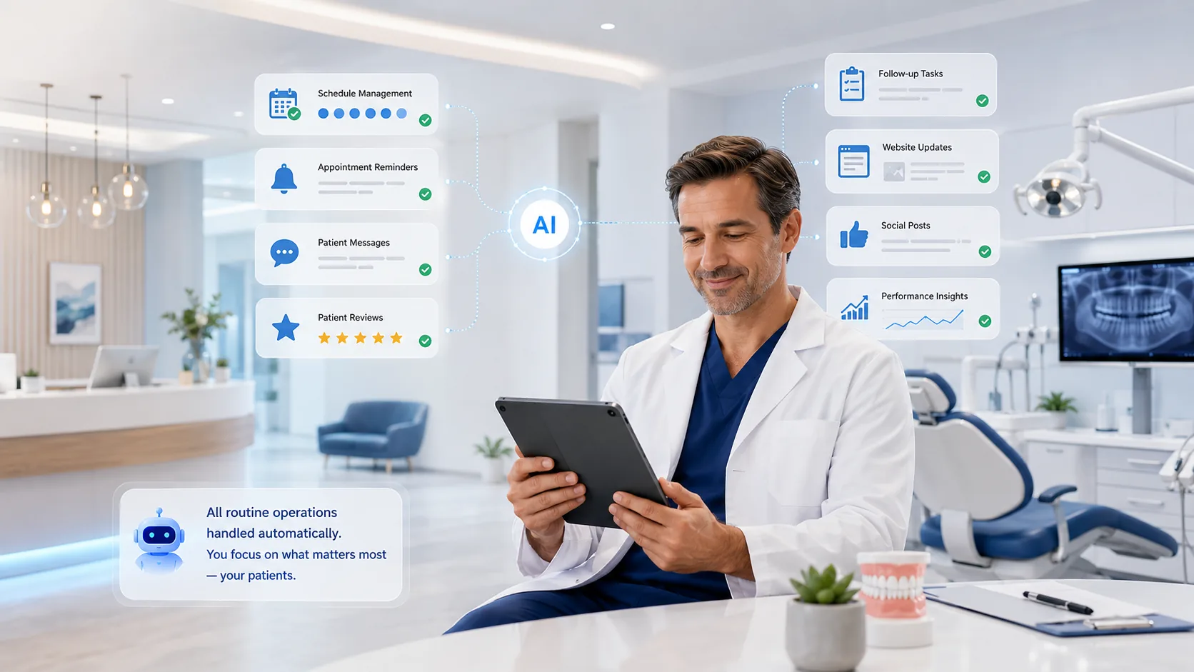 Dentist using a tablet with RunVoya appointment, review, and workflow notifications