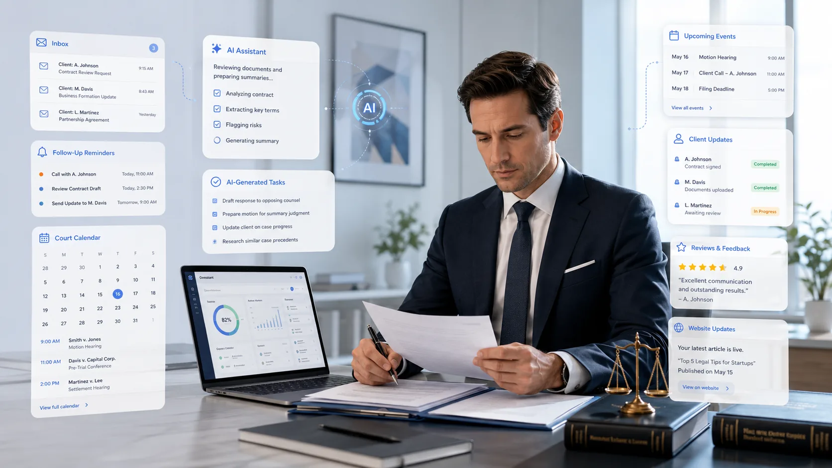 Lawyer reviewing client documents with RunVoya task and calendar panels