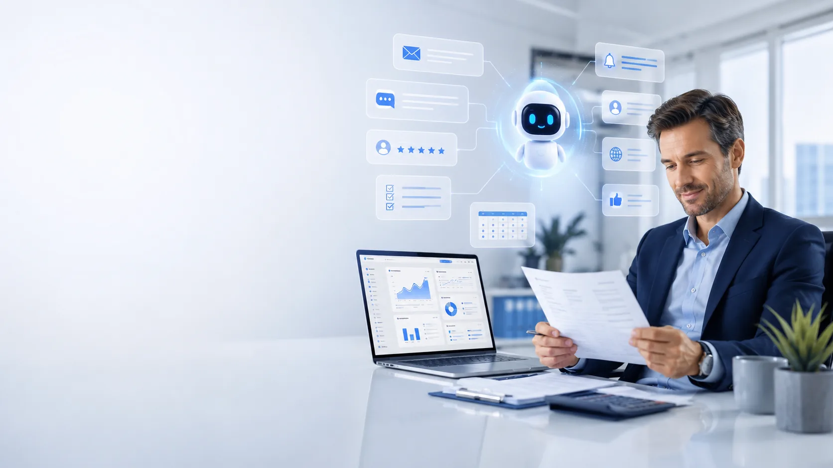 Business professional reviewing daily operations with the RunVoya AI assistant